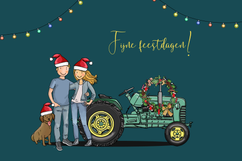 Kerstkaart tractor met stel en lampjes