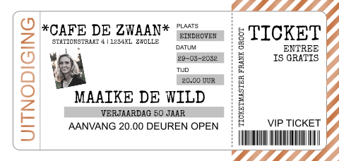 Uitnodiging ticket koperfolie met teksten