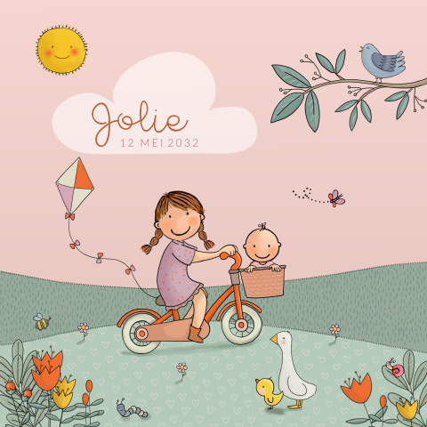 Geboortekaartje lente zusje met bakfiets meisje