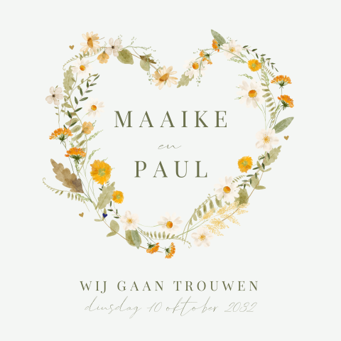 Trouwkaart veldbloemen met takjes en hartjes in hartvorm