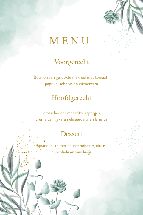 Menukaart eucalyptus takjes met goudlook