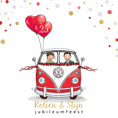 Jubileumkaart vw busje rood met ballonnen