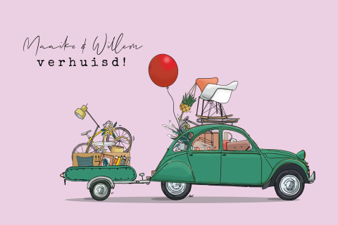 Verhuiskaart Citroën 2cv met aanhangwagen