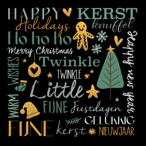 Kerstkaart zwart handlettering groen en geel
