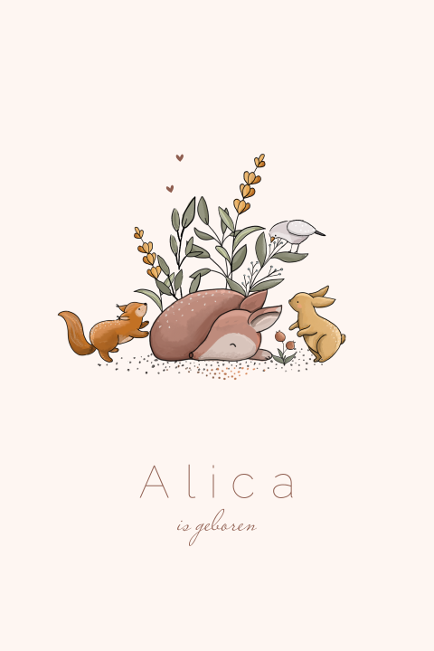 Geboortekaart enkel meisje bosdieren ree eekhoorn konijn