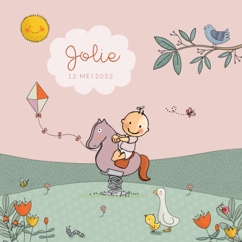 Geboortekaartje meisje op hobbelpaardje met vlieger