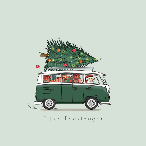 Kerstkaart groen busje vw met kerstman
