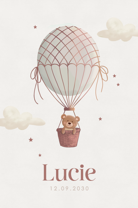 Geboortekaartje beertje in luchtballon warmrood