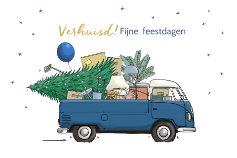 Kerstkaart VW busje transporter met verhuisspullen