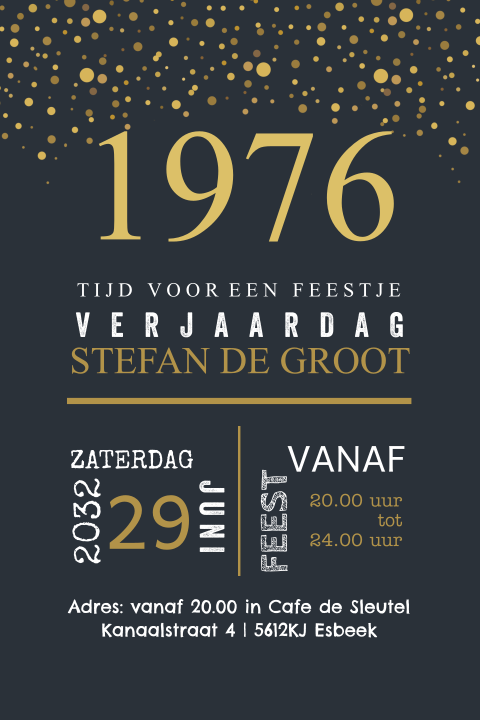 Uitnodiging zwart 50 jaar met confetti goudlook