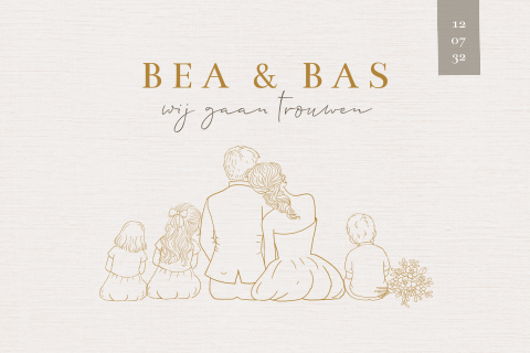 Trouwkaart lijntekening bruidspaar met kinderen