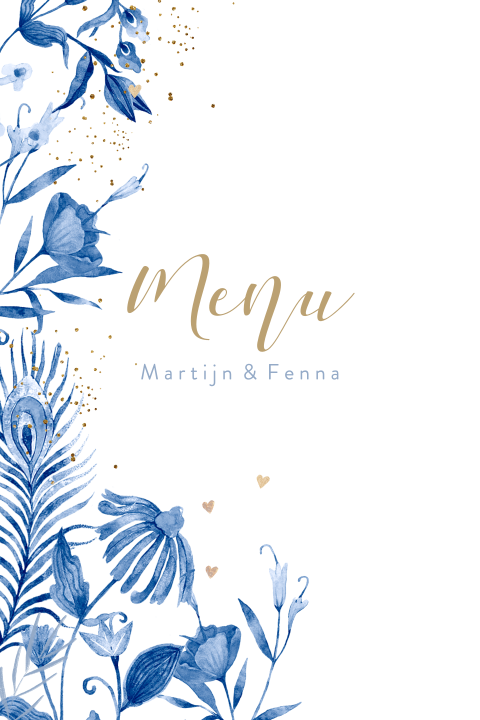 Menukaart delftsblauwe takjes met glitterlook