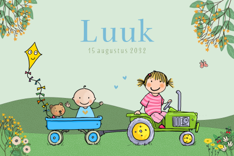 geboortekaartje jongen tractor zusje aanhanger groen blauw