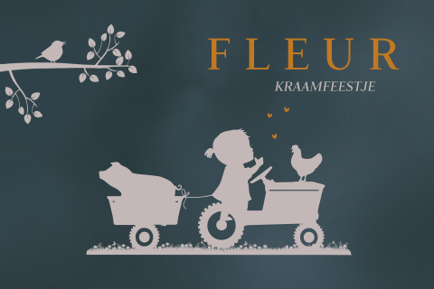 Kraamfeest kaartje tractor met meisje en varkentje