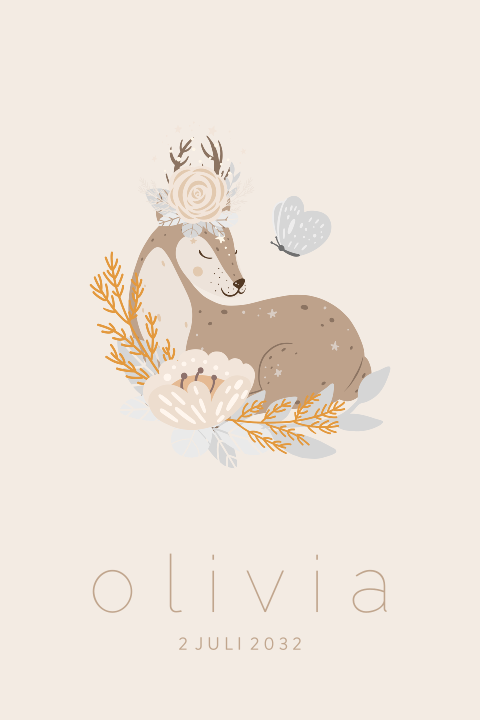 Geboortekaartje meisje hertje met bloemen en takjes