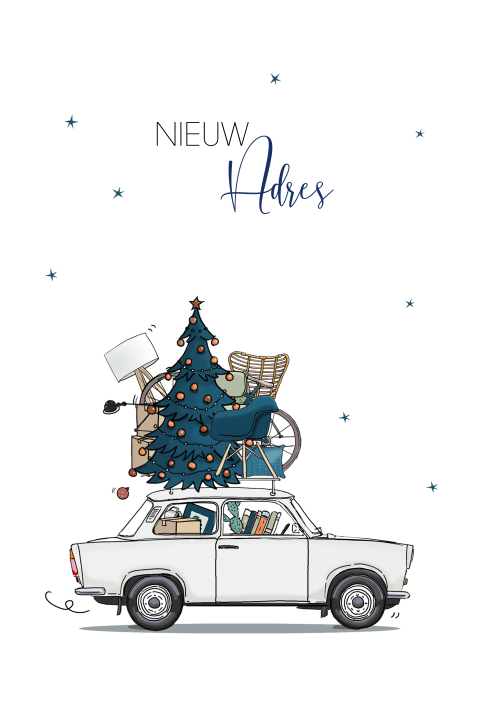 Kerstverhuiskaart trabant wit met verhuisspullen