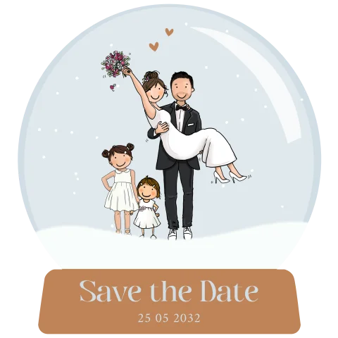 Save the Date sneeuwbol met  bruidspaar en kinderen