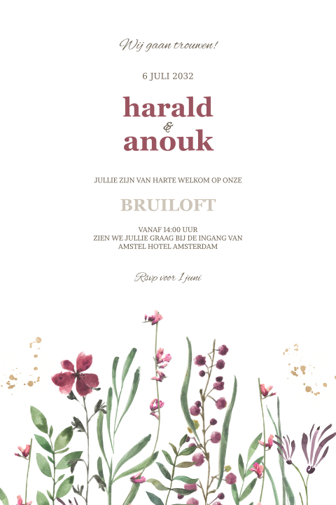 Trouwkaart veldbloemen met glitterlook