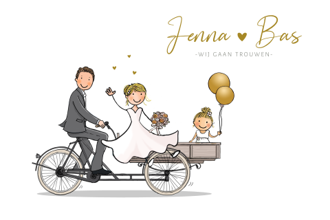Trouwkaart bakfiets bruidspaar kind en ballonnen