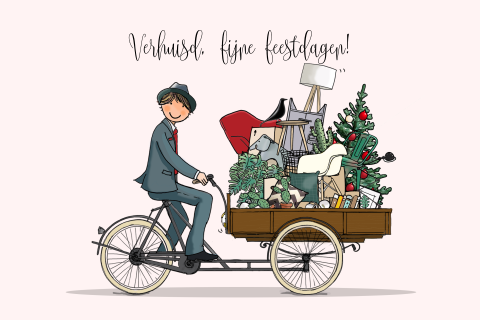 Kerstkaart bakfiets met verhuisspullen