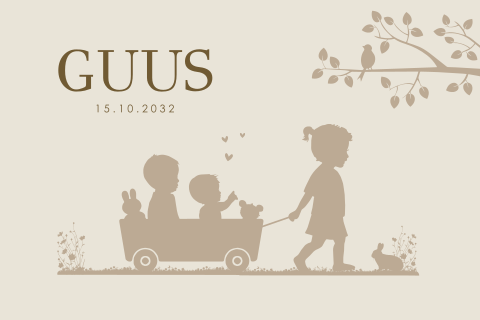 Geboortekaartje silhouet jongen kar met knuffels