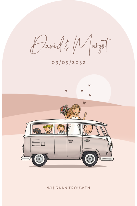 Trouwkaart bruidspaar met vwbus beige met landschap