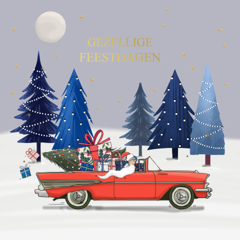 Kerstkaart rode auto Chevrolet bell air