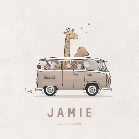 Geboortekaartje vwbusje met dieren beige tinten