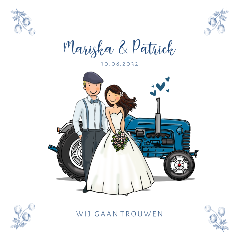 Trouwkaart blauwe tractor met bruidspaar
