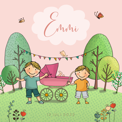 Geboortekaartjes meisje kinderwagen broertjes met bomen