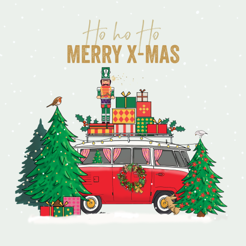 Kerstkaart rood busje met pakjes en bomen