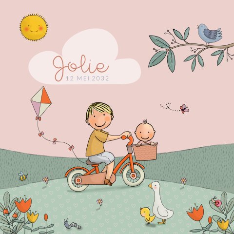 Geboortekaartje lente broer met bakfiets meisje