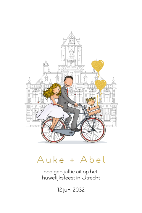 Trouwkaart fietsend bruidspaar en kindje met takjes