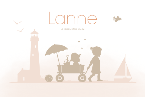 Geboortekaartje silhouet meisje strandkar met zusje