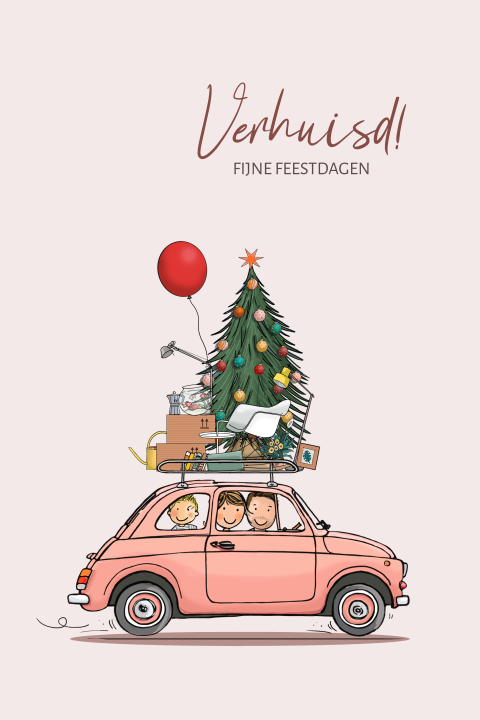 Verhuiskerstkaart auto fiat 500 met familie