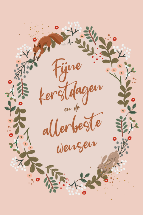 Kerstkaart ovale krans met dieren en teksten