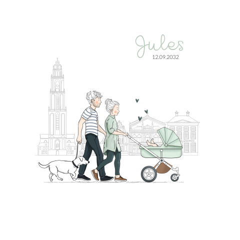 geboortekaartje familie groen kinderwagen hond
