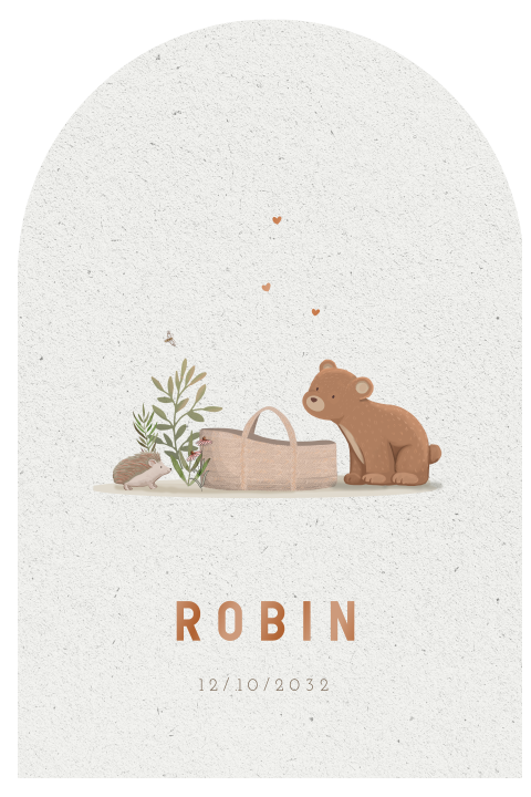 Geboortekaartje boogkaart beer met mandje en egel 