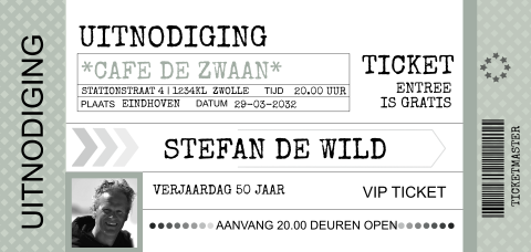 Uitnodiging ticket grijsgroen met teksten