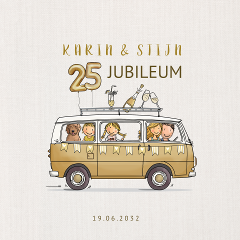 Uitnodiging jubileumkaart busje goud met familie