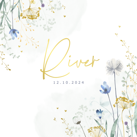 geboortekaartje meisje veldbloemen blauw geel folie