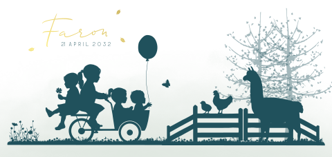 Silhouette jongen bakfiets met kinderen dieren en bomen folie koper