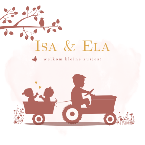 geboortekaartjes tweeling meisjes tractor aanhanger