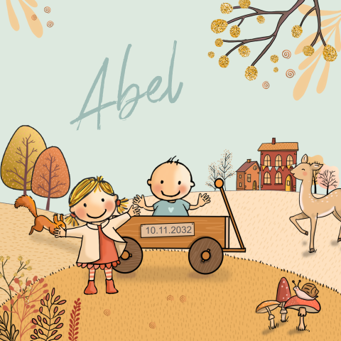 Geboortekaartje jongen zusje herfst ree eekhoorn egel