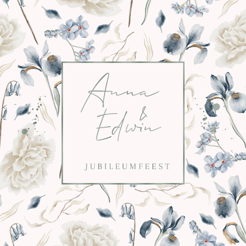Uitnodiging jubileum blauwe bloemen met wit
