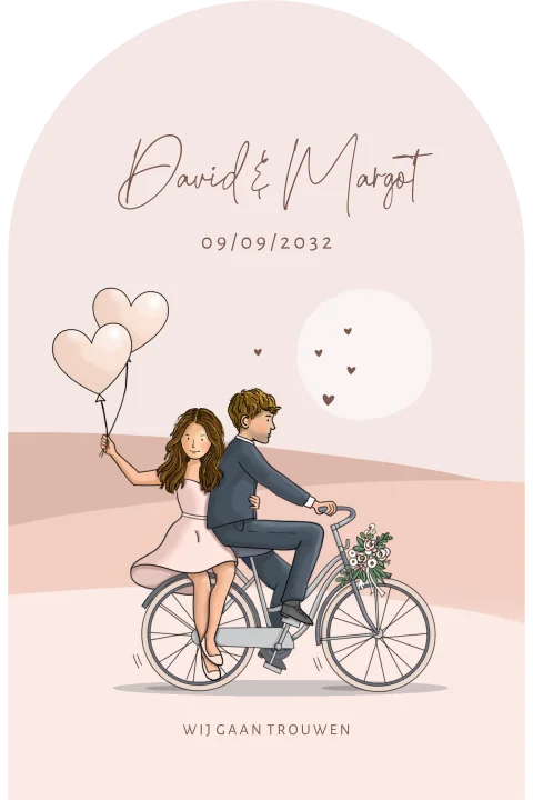 Trouwkaart bruidspaar met fiets en landschap