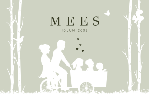 Geboortekaartje ouders met bakfiets en kinderen