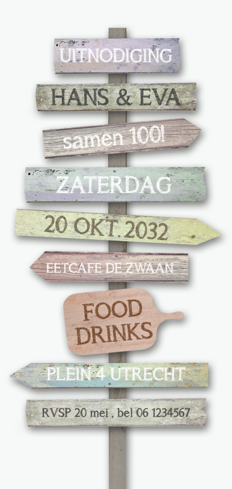 Uitnodiging feest houten bordjes lang