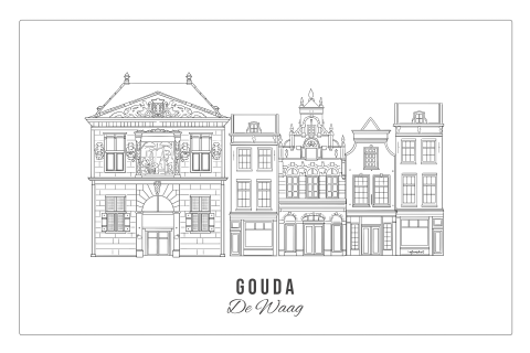 Verhuiskaart Gouda De Waag en huisjes lijntekening