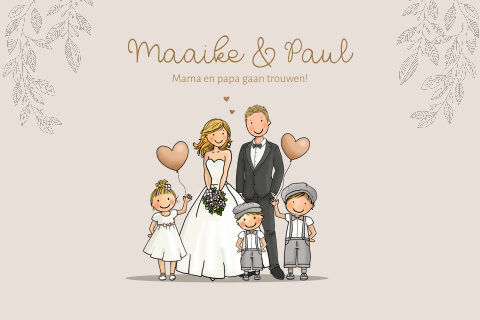 Trouwkaart liggend papa en mama met kinderen